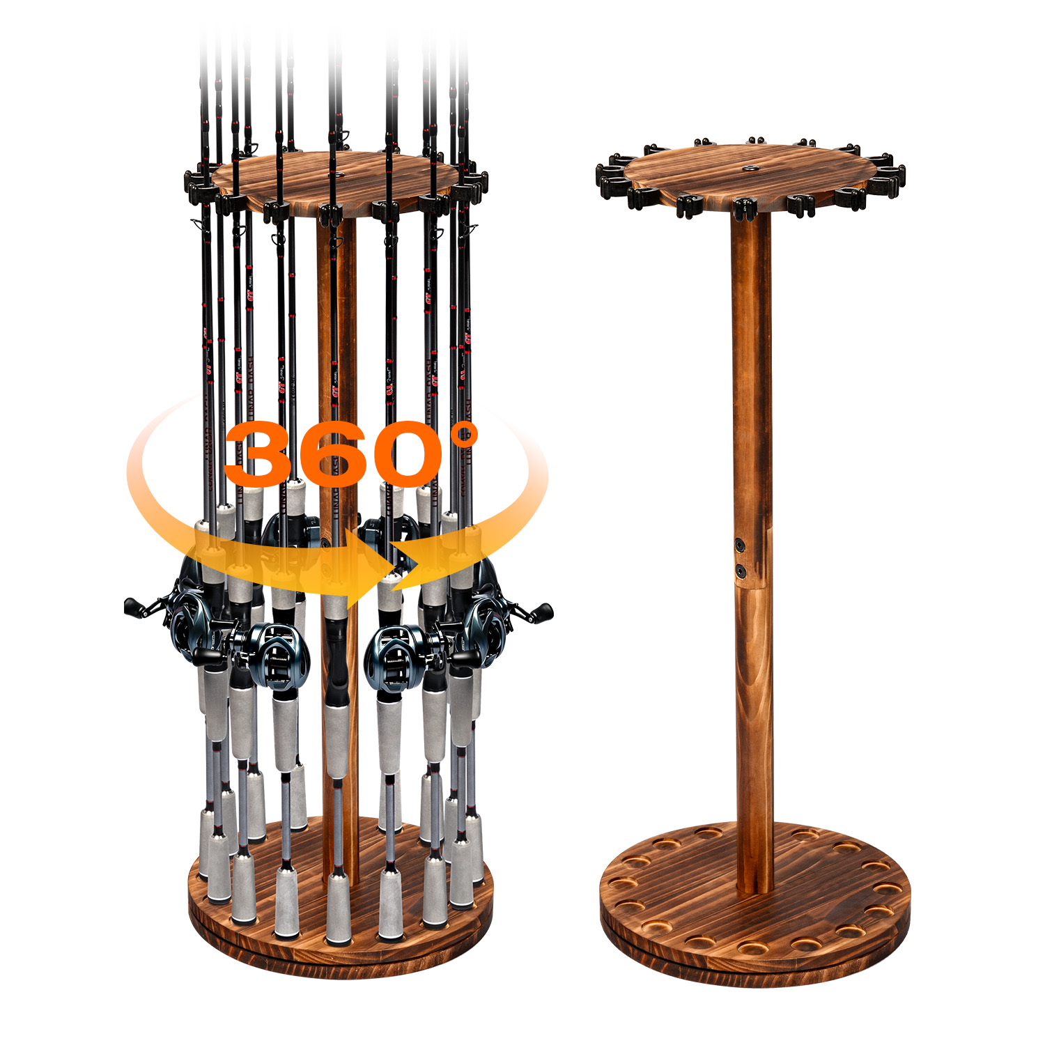 Fishing Rod Rack - Yuvarlak Kömürleşmiş Ahşap Olta Tutucu Döndürülebilir